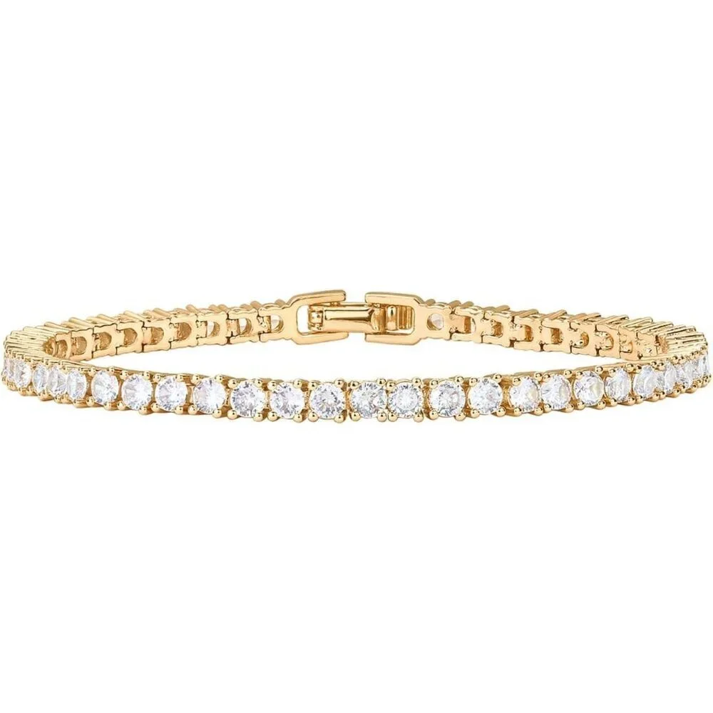 Women's Yellow Gold 14k Gold Plated 3mm Cubic Zirconia Classic Tennis Bracelet